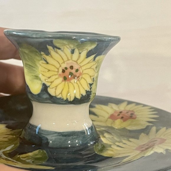 Vintage Chamberstick Hand Painted Thailand Candlestick Holders pair SUNFLOWERS - Picture 10 of 11
